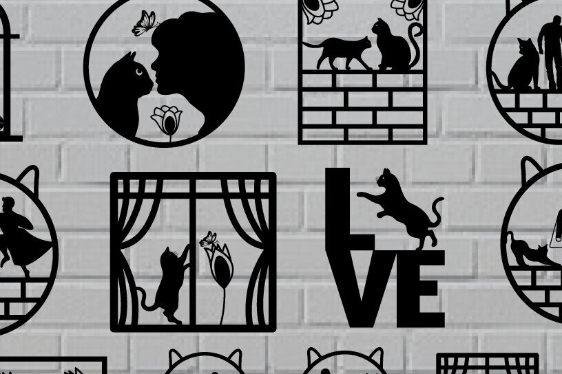 Intra απο ξύλο plywood 3mm-4mm πάχος τέχνης τοίχου με μεταλλικό κομμένο Cat  Δίασταση 40x40 cm INTRAFABR-97382080