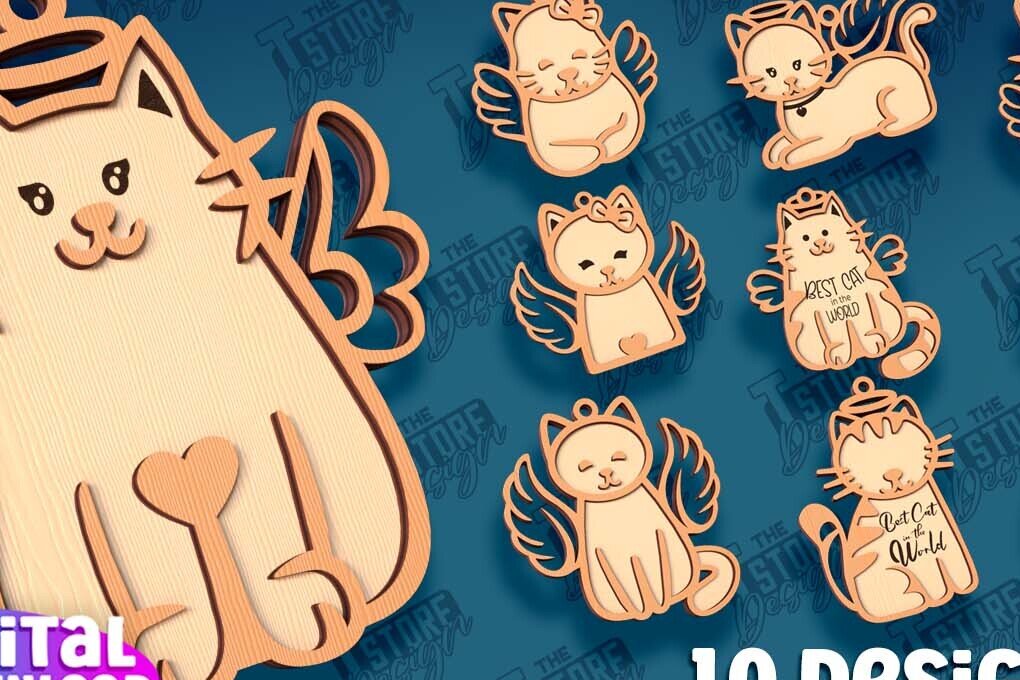 Σετ των 3 Intra απο ξύλο plywood 3mm-4mm πάχος Δέσμη κοπής με λέιζερ στολίδι αναμνηστικού γάτας Δίασταση 8x8 cm INTRAFABR-95647587