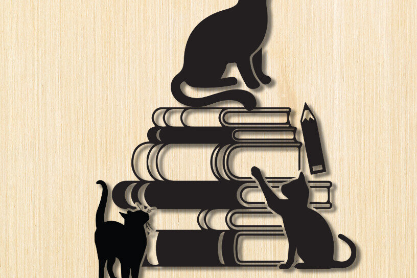 Intra απο ξύλο plywood 3mm-4mm πάχος Cat on Books Σχεδιασμός Τέχνης Τοίχου Δίασταση 15x18 cm INTRAFABR-91231054