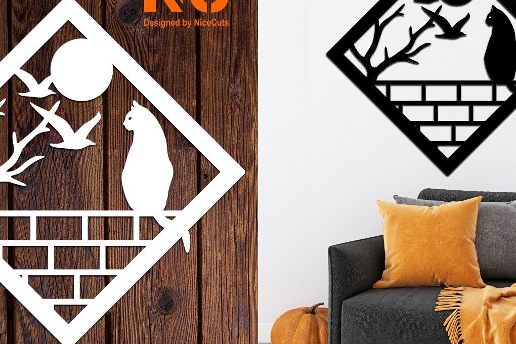 Σετ των 2 Intra απο ξύλο plywood 3mm-4mm πάχος Σκηνή γάτα στον τοίχο Δίασταση 20x20 cm INTRAFABR-17605061