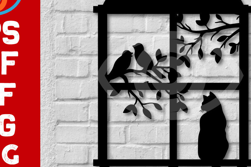 Intra απο ξύλο plywood 3mm-4mm πάχος Σχέδιο διακόσμησης τοίχου γάτα σε παράθυρο Δίασταση 40x40 cm INTRAFABR-78763172