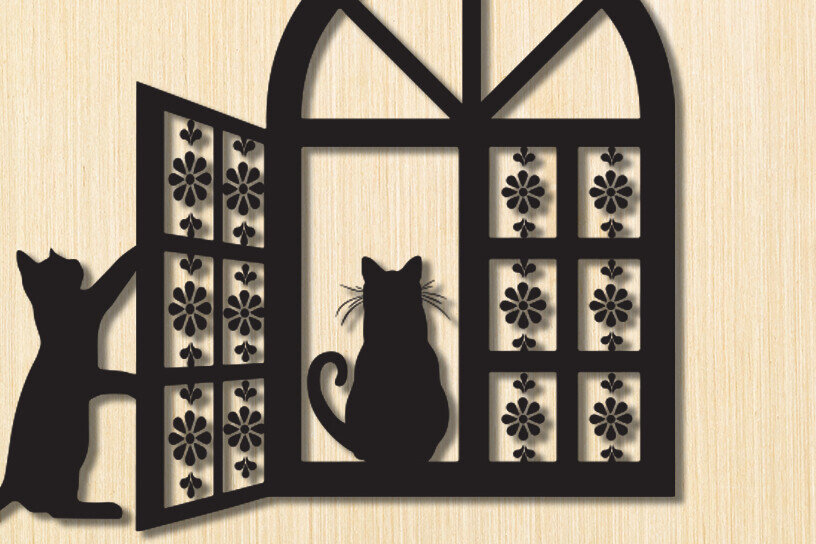 Σετ των 2 Intra απο ξύλο plywood 3mm-4mm πάχος Σχέδιο διακόσμησης τοίχου γάτα σε παράθυρο Δίασταση 15x18 cm INTRAFABR-91230110