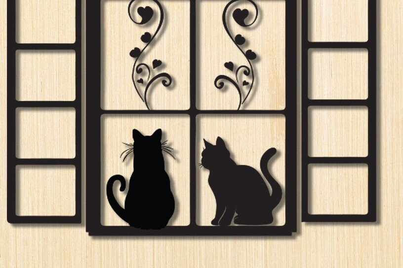 Σετ των 2 Intra απο ξύλο plywood 3mm-4mm πάχος Σχέδιο διακόσμησης τοίχου γάτα σε παράθυρο Δίασταση 15x18 cm INTRAFABR-91230916