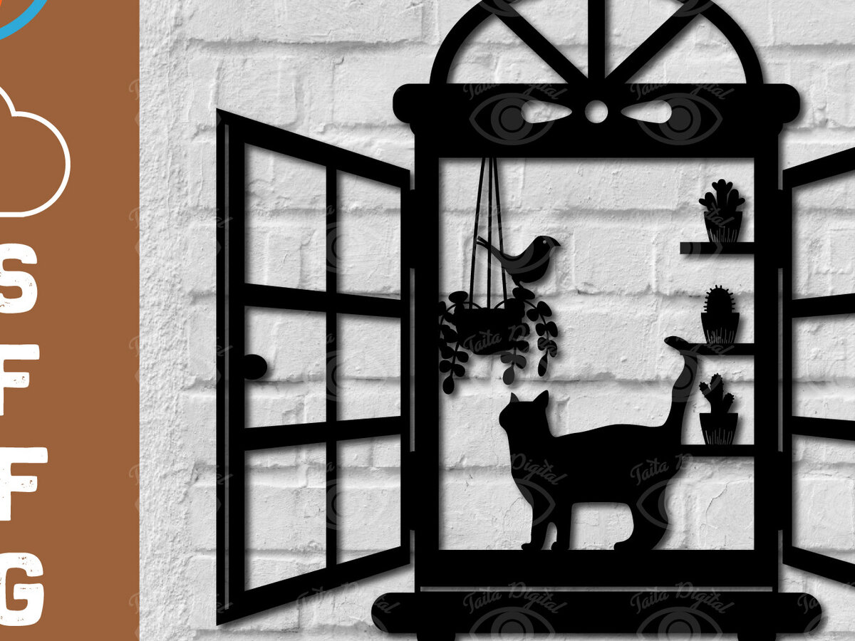 Intra απο ξύλο plywood 3mm-4mm πάχος Γραφικό σχέδιο διακόσμησης τοίχου γάτα σε παράθυρο Δίασταση 40x40 cm INTRAFABR-112921654