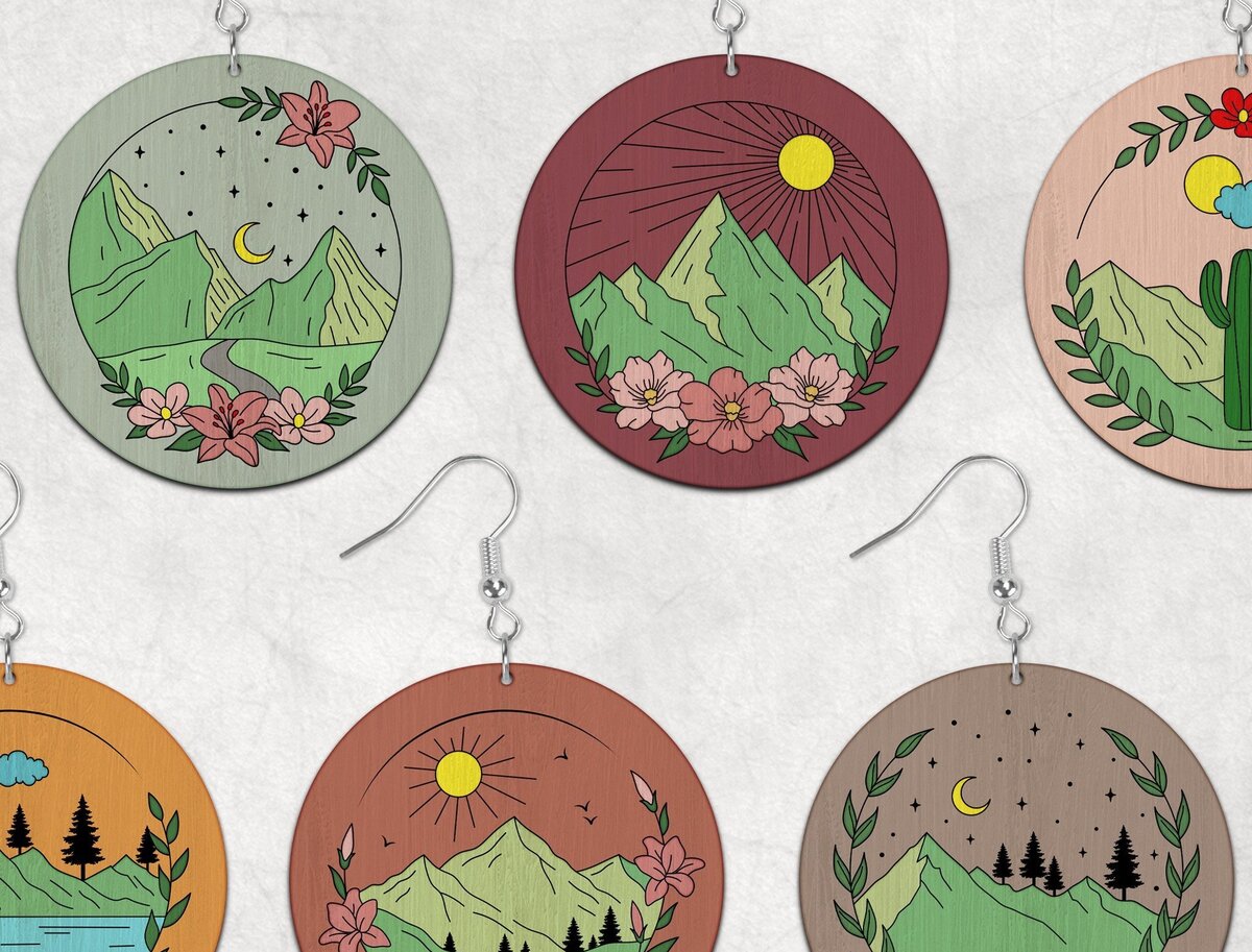 Σετ των 3 Intra απο ξύλο plywood 3mm-4mm πάχος Celestial Floral Mountain Earrings Δίασταση 2x2 cm INTRAFABR-31124053