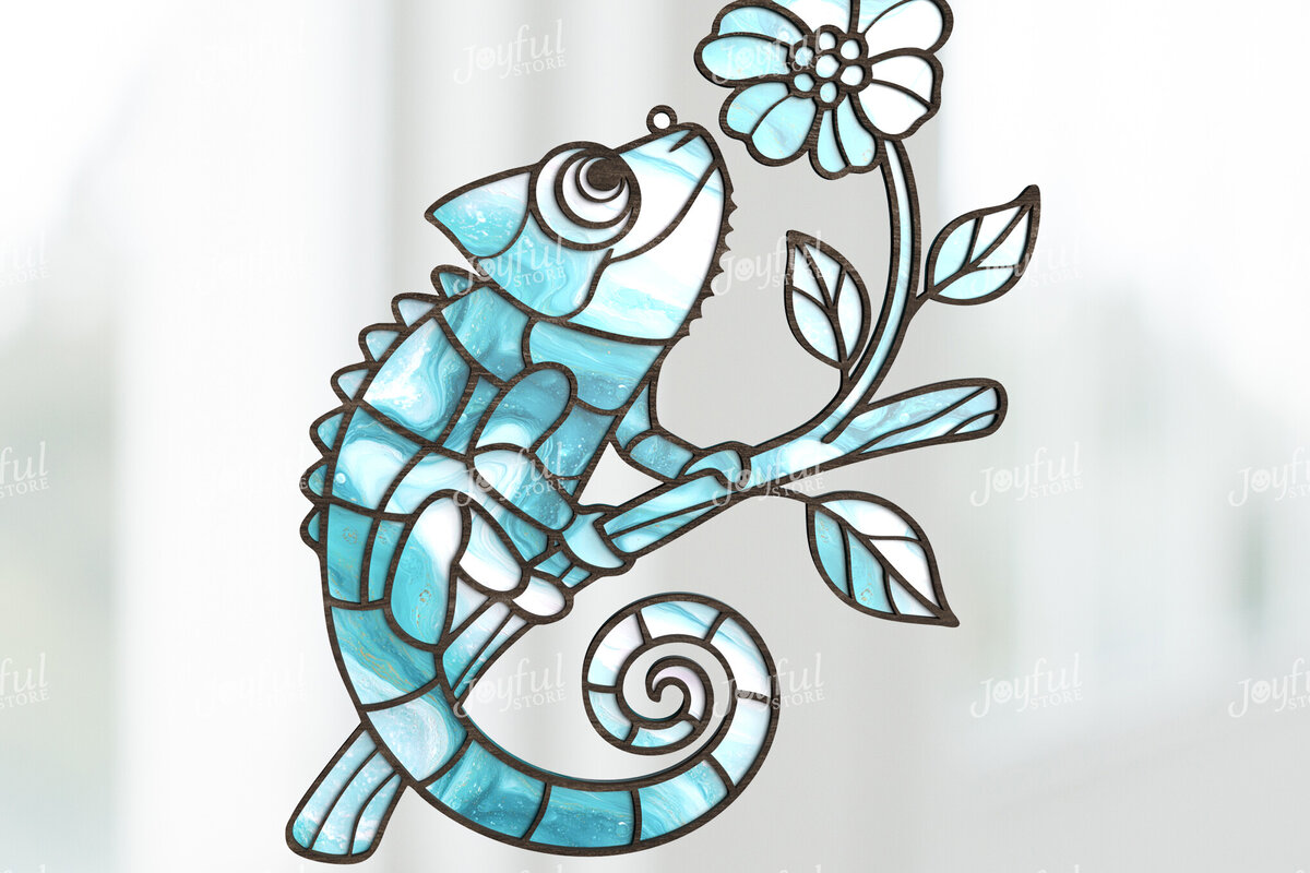 Intra απο ξύλο plywood 3mm-4mm πάχος Chameleon &amp; Flower Suncatcher Δίασταση 30x20 cm INTRAFABR-124400840