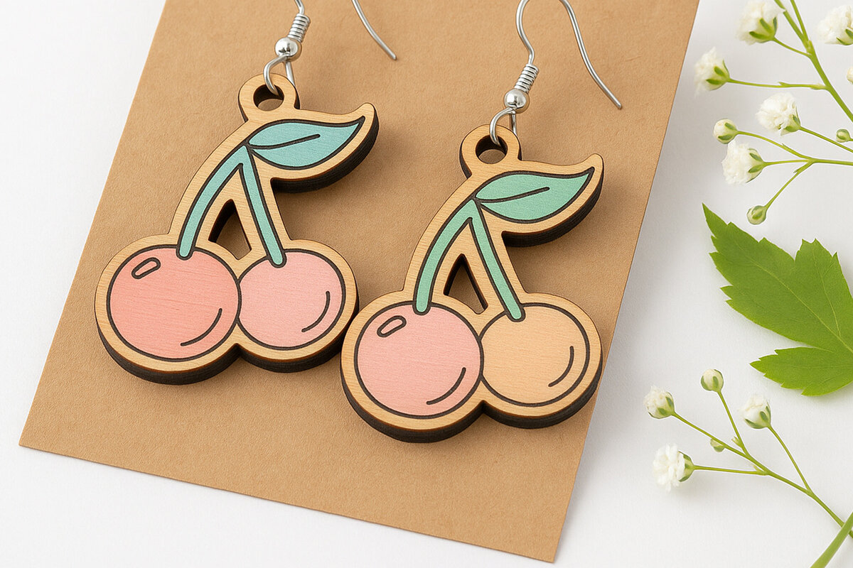 Σετ των 3 Intra απο ξύλο plywood 3mm-4mm πάχος Σκουλαρίκια Cherry Fruit Δίασταση 3x3 cm INTRAFABR-123818180