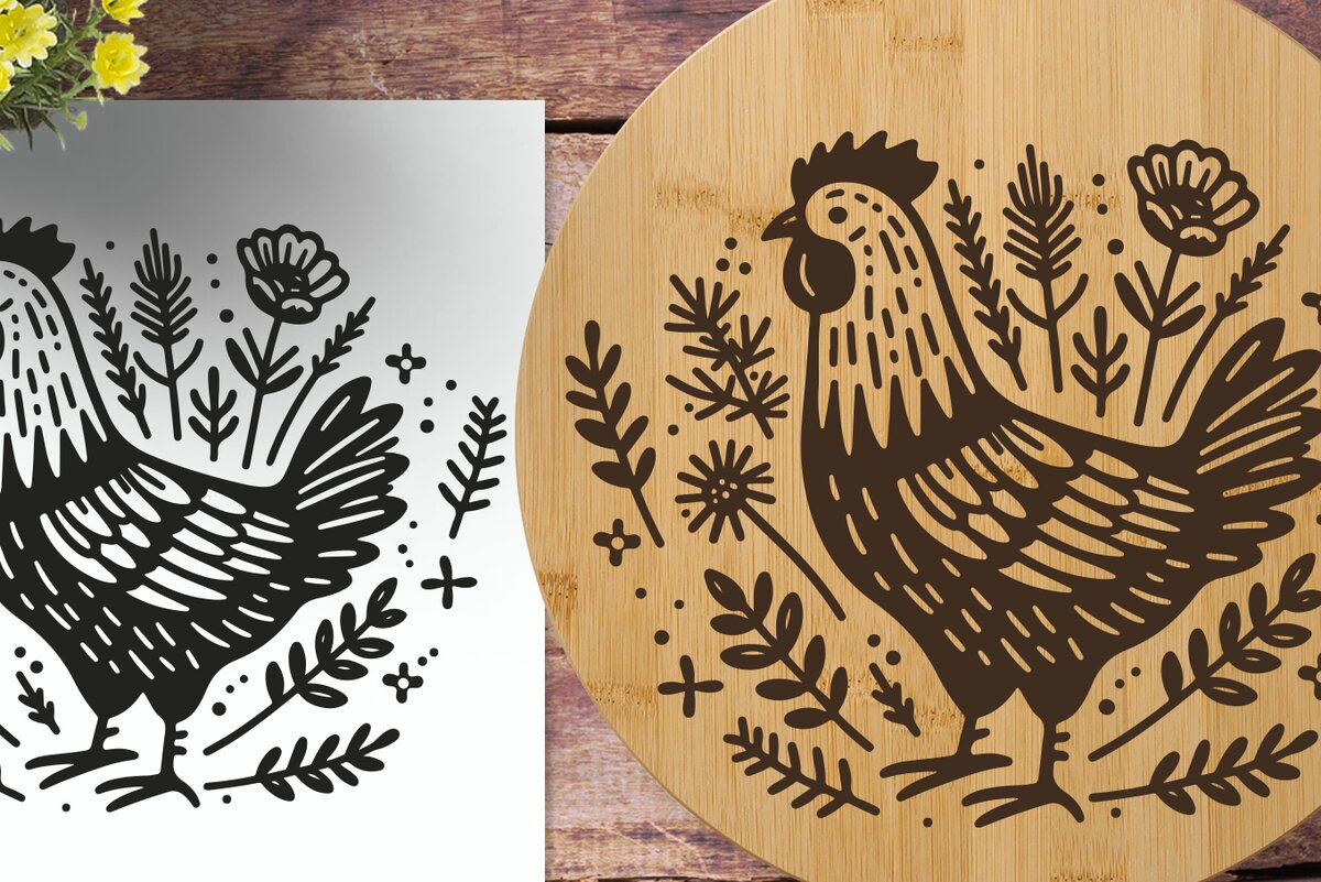 Intra απο ξύλο plywood 3mm-4mm πάχος Κοτόπουλο με λουλούδια χαραγμένο με λέιζερ Δίασταση 30x20 cm INTRAFABR-124848879