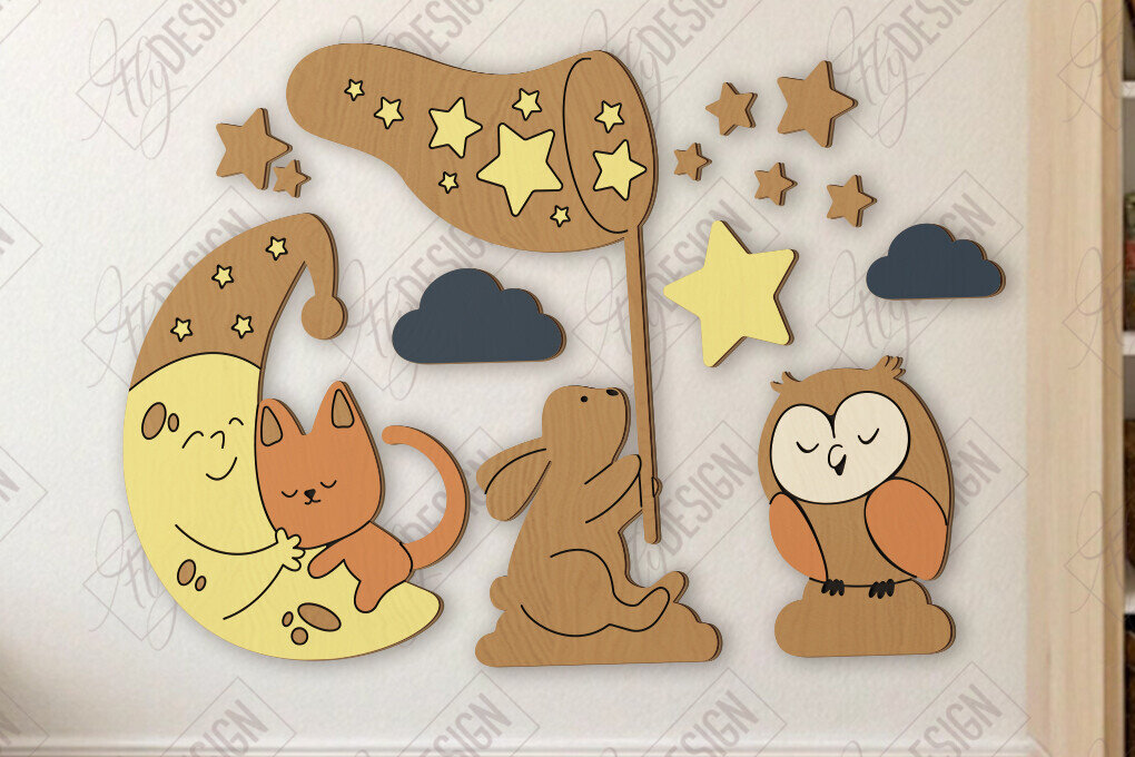 Σετ των 2 Intra απο ξύλο plywood 3mm-4mm πάχος Παιδικό δωμάτιο Διακόσμηση τοίχου με λέιζερ | CNC Δίασταση 15x15 cm INTRAFABR-123134971