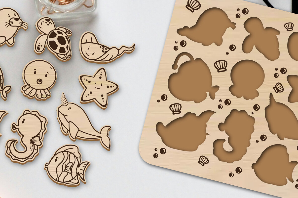 Σετ των 2 Intra απο ξύλο plywood 3mm-4mm πάχος Children Sea Animal Puzzle Cut  Δίασταση 30x20 cm INTRAFABR-96480062