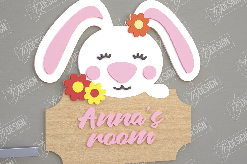 Σετ των 2 Intra απο ξύλο plywood 3mm-4mm πάχος Πινακίδα Παιδικού Δωματίου | Bunny Design |CNC Δίασταση 15x15 cm INTRAFABR-105766419