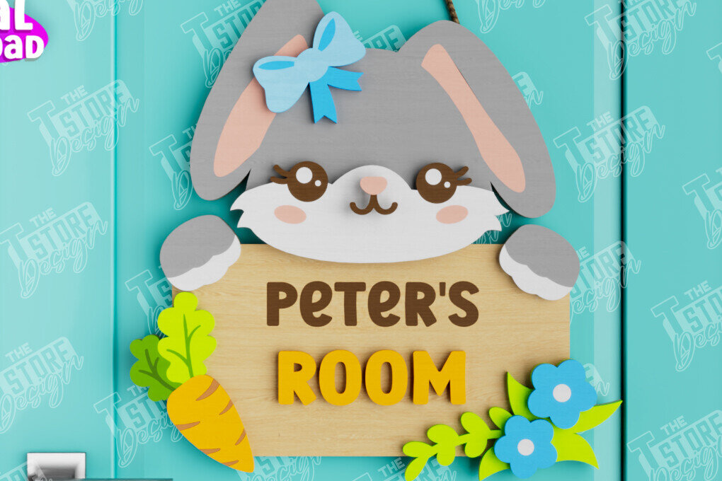 Σετ των 2 Intra απο ξύλο plywood 3mm-4mm πάχος Πινακίδα Παιδικού Δωματίου | Bunny Design |CNC Δίασταση 15x15 cm INTRAFABR-105666038