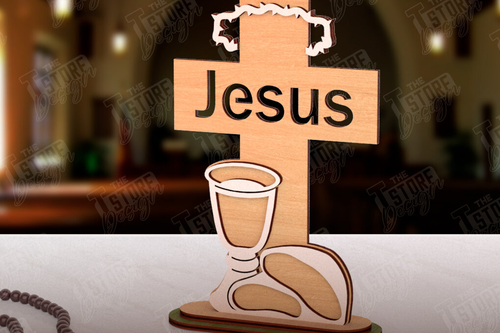 Σετ των 2 Intra απο ξύλο plywood 3mm-4mm πάχος Χριστιανικός Σταυρός με Κόψιμο  Stand Δίασταση 15x15 cm INTRAFABR-121116507