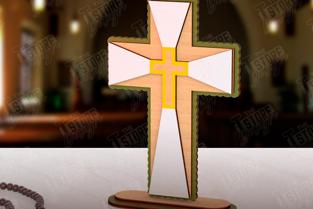 Σετ των 2 Intra απο ξύλο plywood 3mm-4mm πάχος Χριστιανικός Σταυρός με Κόψιμο  Stand Δίασταση 15x15 cm INTRAFABR-121116516