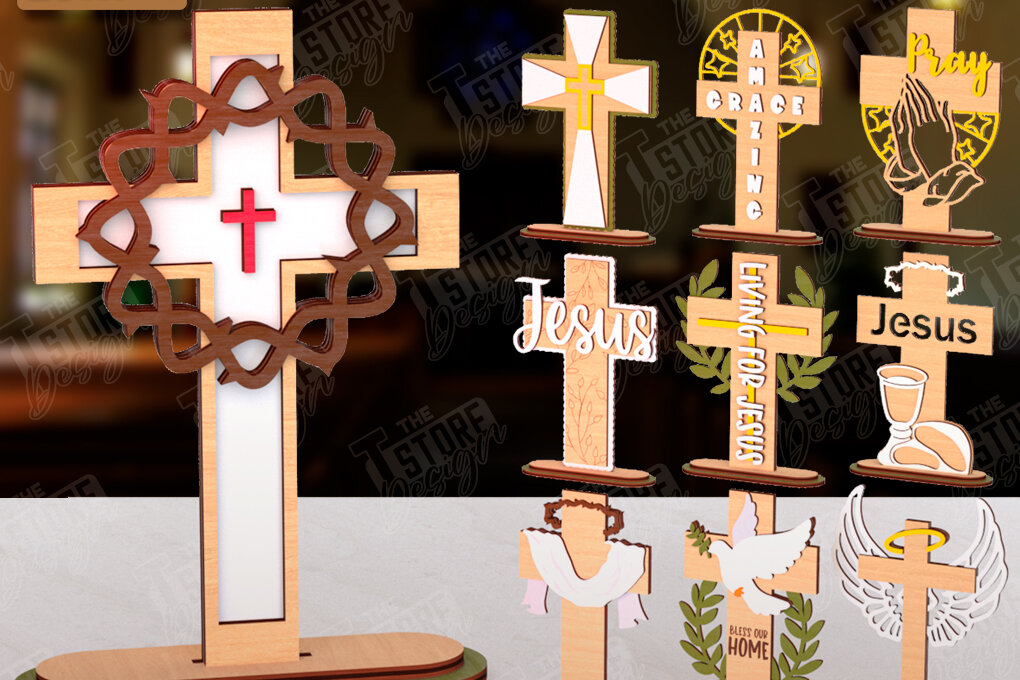 Σετ των 2 Intra απο ξύλο plywood 3mm-4mm πάχος Χριστιανικός Σταυρός με Stand Δίασταση 15x15 cm INTRAFABR-121116635