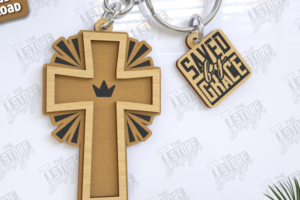 Σετ των 3 Intra απο ξύλο plywood 3mm-4mm πάχος Christian Keychain | Μπρελόκ 3D Δίασταση 6x6 cm INTRAFABR-123120873