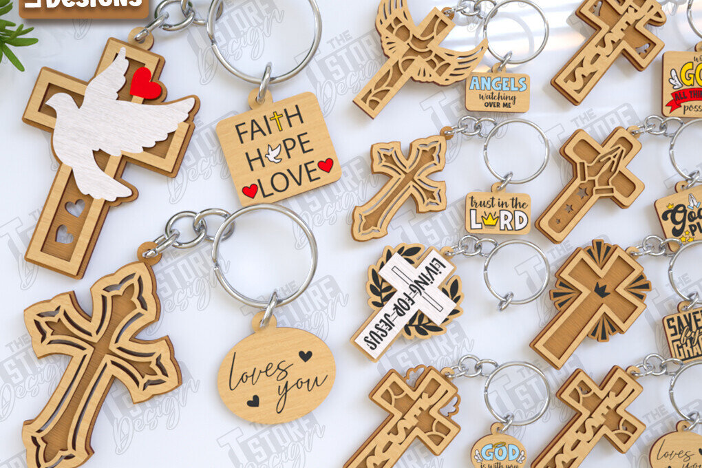 Σετ των 3 Intra απο ξύλο plywood 3mm-4mm πάχος Christian Keychain |CNC Δίασταση 6x6 cm INTRAFABR-123418399