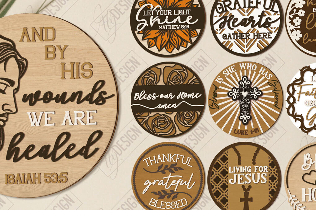 Σετ των 2 Intra απο ξύλο plywood 3mm-4mm πάχος Δέσμη κοπής με λέιζερ Christian Round Signs Δίασταση 30x20 cm INTRAFABR-121899331