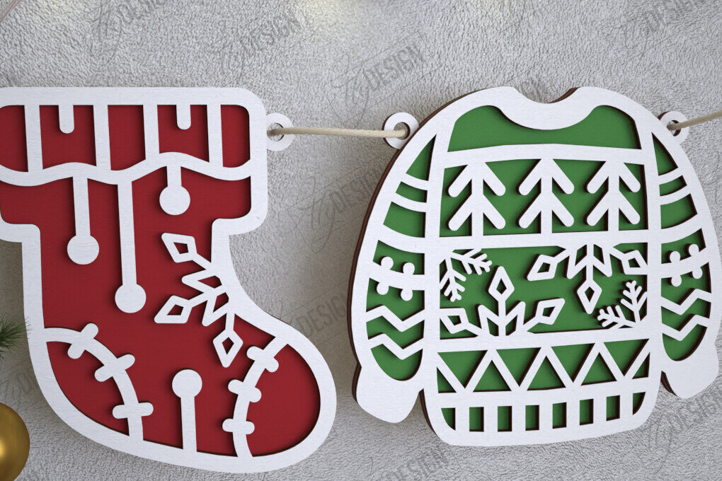 Σετ των 2 Intra απο ξύλο plywood 3mm-4mm πάχος Χριστουγεννιάτικο Banner | Γιρλάντα διακοπών | CNC Δίασταση 15x15 cm INTRAFABR-109751441