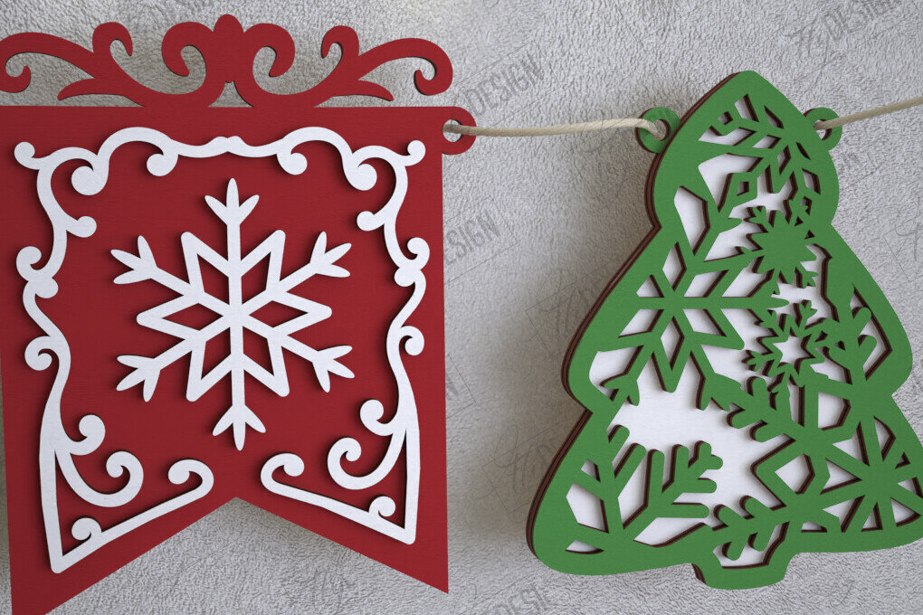 Σετ των 2 Intra απο ξύλο plywood 3mm-4mm πάχος Χριστουγεννιάτικο Banner | Γιρλάντα διακοπών | CNC Δίασταση 15x15 cm INTRAFABR-109751398