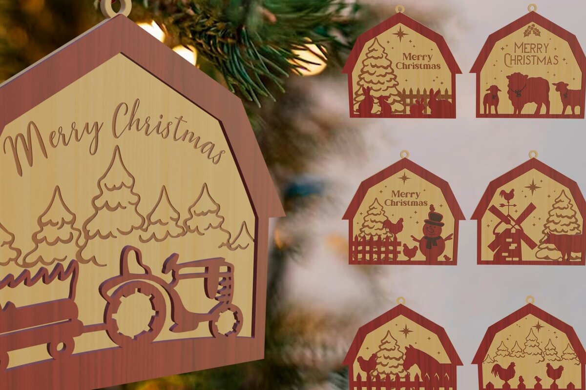 Σετ των 3 Intra απο ξύλο plywood 3mm-4mm πάχος Χριστουγεννιάτικο στολίδι αχυρώνα Δέσμη κοπής με λέιζερ Δίασταση 8x8 cm INTRAFABR-80307823