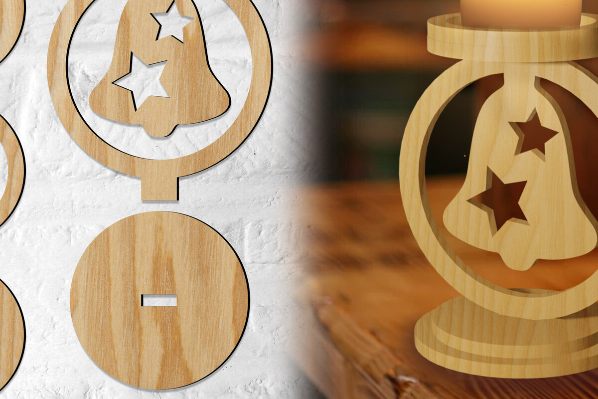 Σετ των 2 Intra απο ξύλο plywood 3mm-4mm πάχος Κηροπήγιο χριστουγεννιάτικου κουδουνιού | Χριστούγεννα Δίασταση 15x15 cm INTRAFABR-77070188