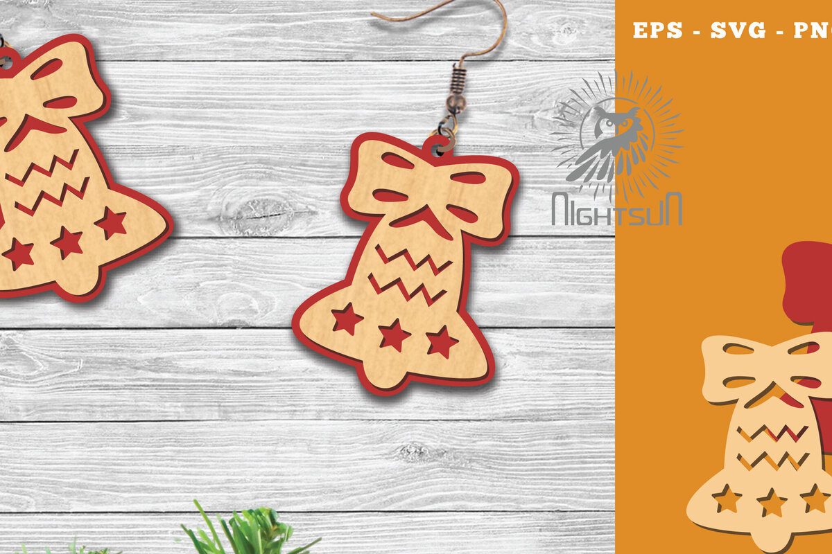 Σετ των 3 Intra απο ξύλο plywood 3mm-4mm πάχος Χριστουγεννιάτικα σκουλαρίκια με λέιζερ με καμπάνα 1 Δίασταση 3x3 cm INTRAFABR-112553058