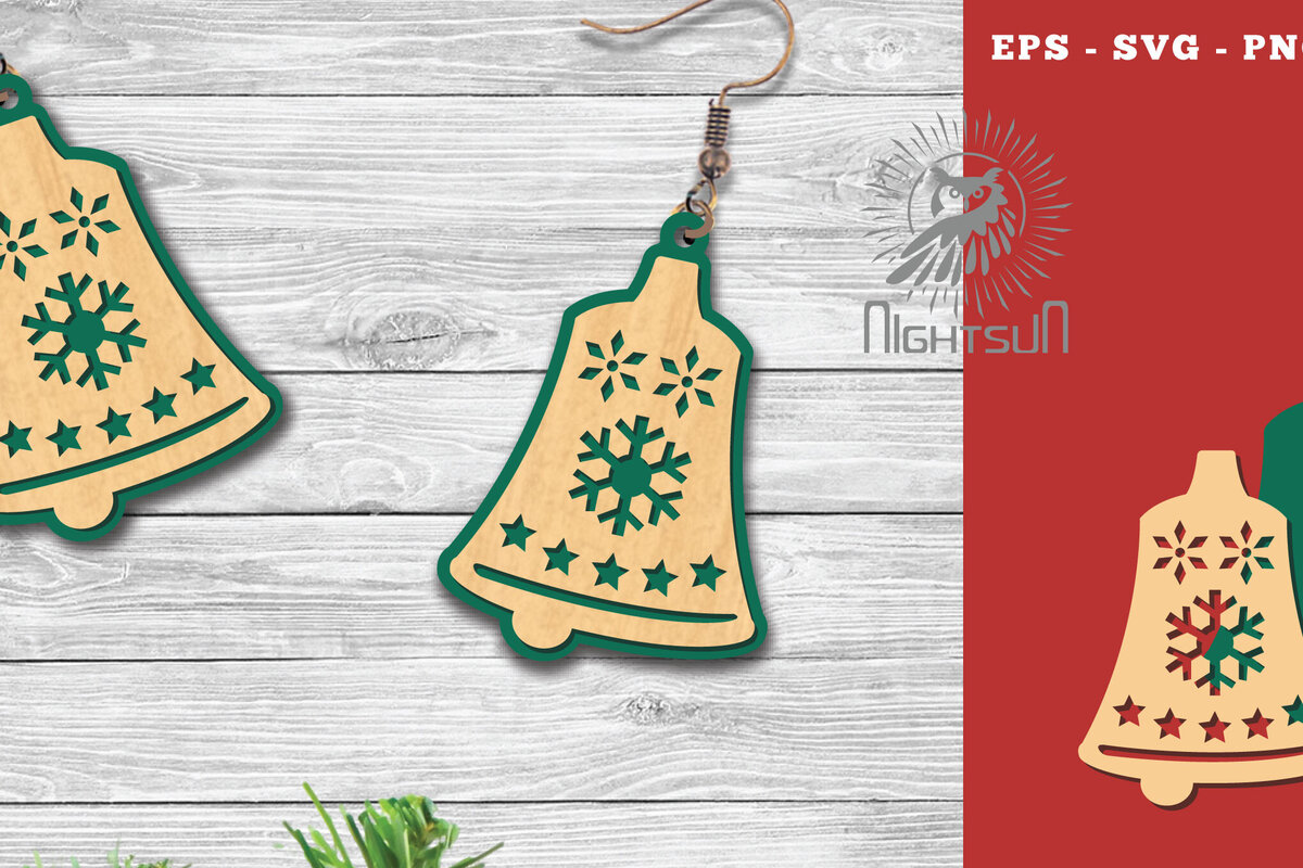 Σετ των 3 Intra απο ξύλο plywood 3mm-4mm πάχος Χριστουγεννιάτικα σκουλαρίκια με λέιζερ με καμπάνα 2 Δίασταση 3x3 cm INTRAFABR-112553076