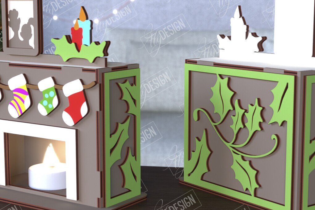 Σετ των 2 Intra απο ξύλο plywood 3mm-4mm πάχος Χριστουγεννιάτικη λαμπάδα | Τζάκι |CNC Δίασταση 15x15 cm INTRAFABR-108121941