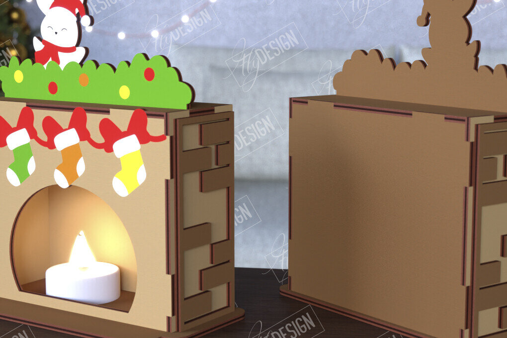 Σετ των 2 Intra απο ξύλο plywood 3mm-4mm πάχος Χριστουγεννιάτικη λαμπάδα | Τζάκι |CNC Δίασταση 15x15 cm INTRAFABR-108121972