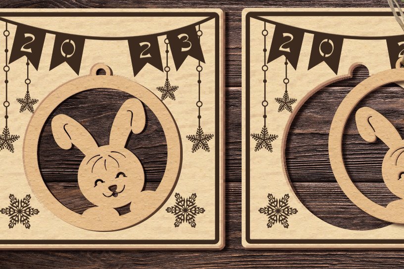 Σετ των 2 Intra απο ξύλο plywood 3mm-4mm πάχος Χριστουγεννιάτικη κάρτα χειροτεχνία/μπάλα με ένα λαγουδάκι Δίασταση 17x17 cm INTRAFABR-43250607