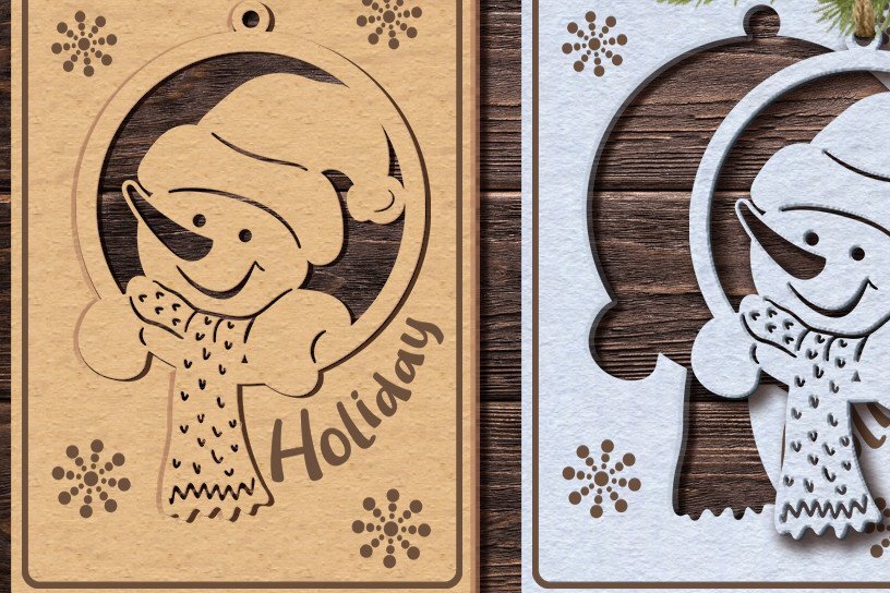 Σετ των 2 Intra απο ξύλο plywood 3mm-4mm πάχος Χριστουγεννιάτικη κάρτα Χιονάνθρωπος// Δίασταση 14x14 cm INTRAFABR-36315398