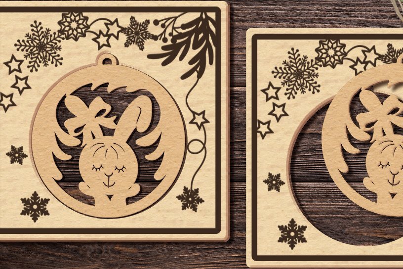 Σετ των 2 Intra απο ξύλο plywood 3mm-4mm πάχος Χριστουγεννιάτικη κάρτα με λαγουδάκι/κόψιμο λέιζερ/ Δίασταση 17x17 cm INTRAFABR-43102385