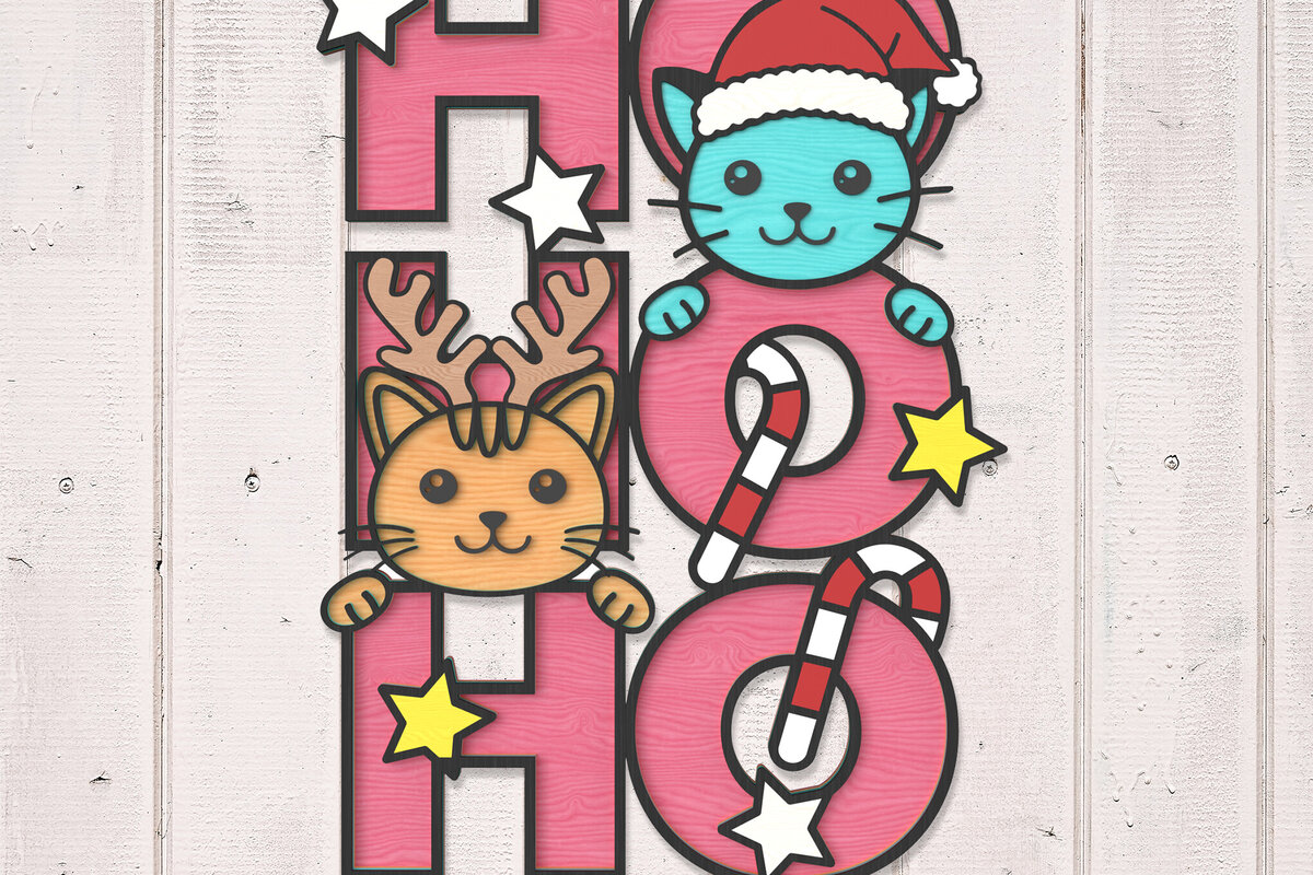 Σετ των 2 Intra απο ξύλο plywood 3mm-4mm πάχος Χριστουγεννιάτικες γάτες HO HO HO Σημάδι Δίασταση 30x20 cm INTRAFABR-106853533