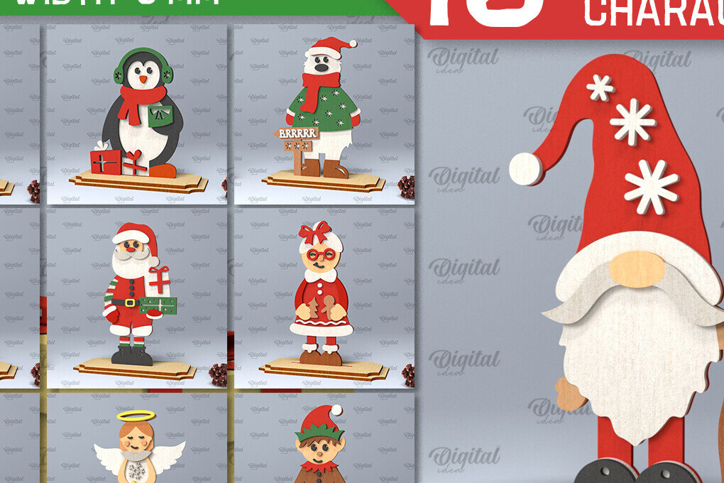 Σετ των 2 Intra απο ξύλο plywood 3mm-4mm πάχος Δέσμη κοπής χριστουγεννιάτικων χαρακτήρων με λέιζερ Δίασταση 15x15 cm INTRAFABR-104624076