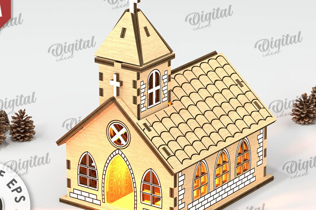 Σετ των 2 Intra απο ξύλο plywood 3mm-4mm πάχος Χριστουγεννιάτικη εκκλησία. Xmas Village Δίασταση 15x15 cm INTRAFABR-110110460