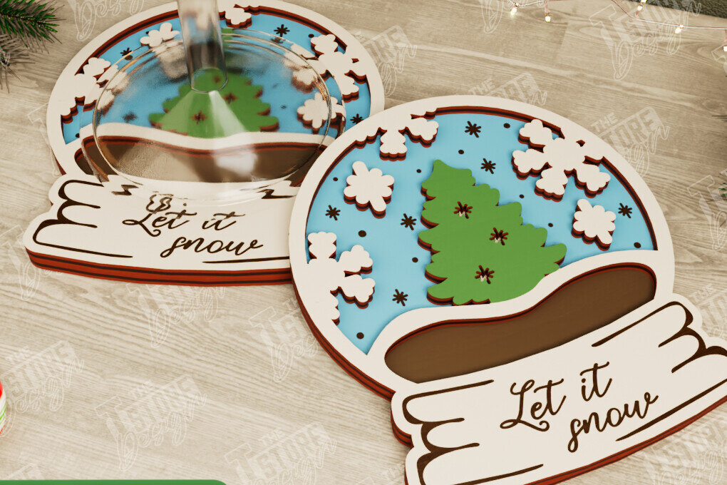 Σετ των 2 Intra απο ξύλο plywood 3mm-4mm πάχος Χριστουγεννιάτικο σουβέρ | Διακοπές | Snow Globe Δίασταση 15x15 cm INTRAFABR-107016938