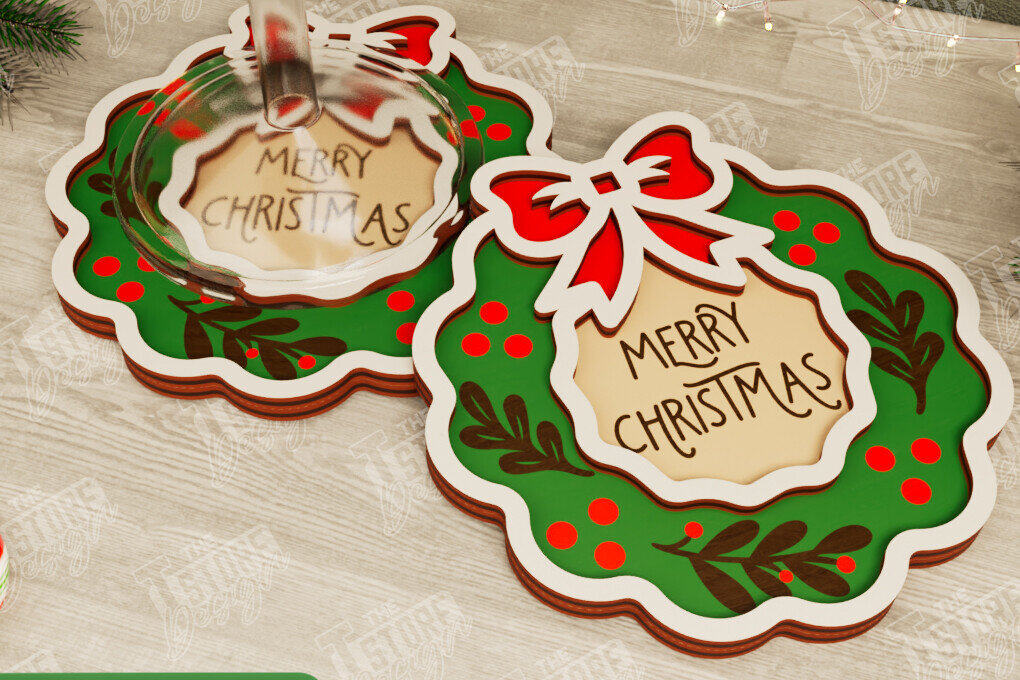 Σετ των 2 Intra απο ξύλο plywood 3mm-4mm πάχος Χριστουγεννιάτικο σουβέρ | Χριστουγεννιάτικο στεφάνι Δίασταση 15x15 cm INTRAFABR-107016863