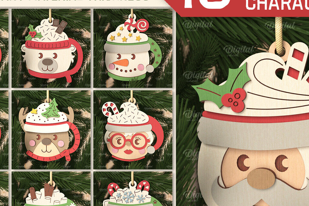 Σετ των 3 Intra απο ξύλο plywood 3mm-4mm πάχος Χριστουγεννιάτικο λέιζερ με χαρακτήρες κακάο Δίασταση 8x8 cm INTRAFABR-105753293