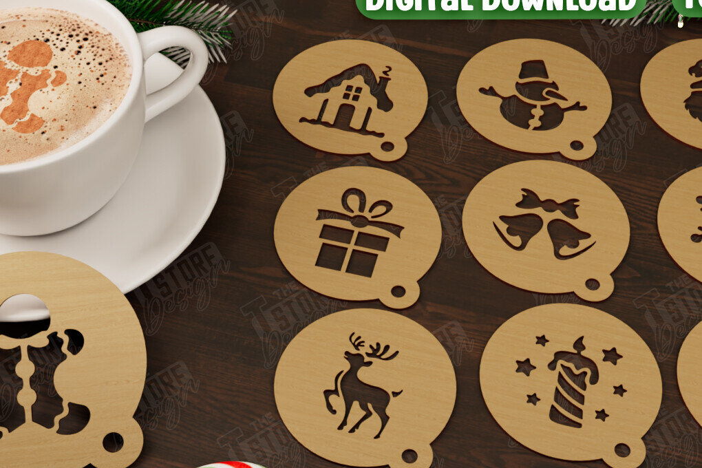 Σετ των 2 Intra απο ξύλο plywood 3mm-4mm πάχος με στένσιλ για χριστουγεννιάτικο καφέ | CNC Δίασταση 15x15 cm INTRAFABR-107555985