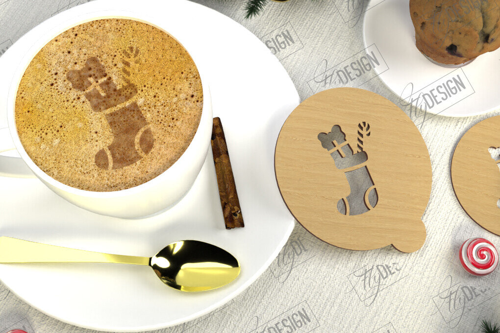 Σετ των 3 Intra απο ξύλο plywood 3mm-4mm πάχος Στένσιλ χριστουγεννιάτικου καφέ | Λάτρης του καφέ Δίασταση 15x15 cm INTRAFABR-107633752