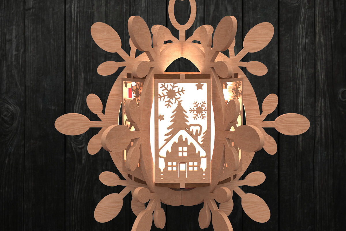 Intra απο ξύλο plywood 3mm-4mm πάχος Χριστουγεννιάτικο φανάρι με νιφάδες χιονιού εξοχικό σπίτι Δίασταση 30x20 cm INTRAFABR-111000753