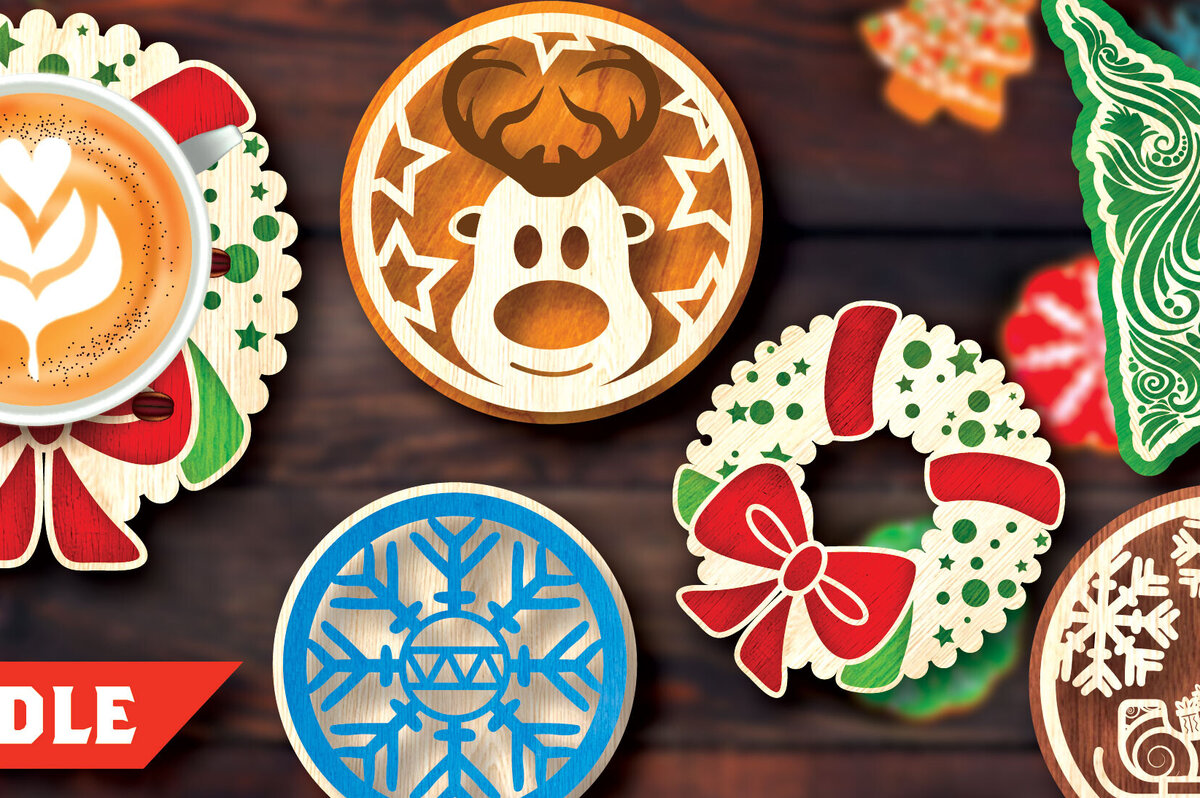 Σετ των 2 Intra απο ξύλο plywood 3mm-4mm πάχος Δέσμη κοπής με λέιζερ σουβέρ Χριστουγέννων Δίασταση 15x15 cm INTRAFABR-108042461