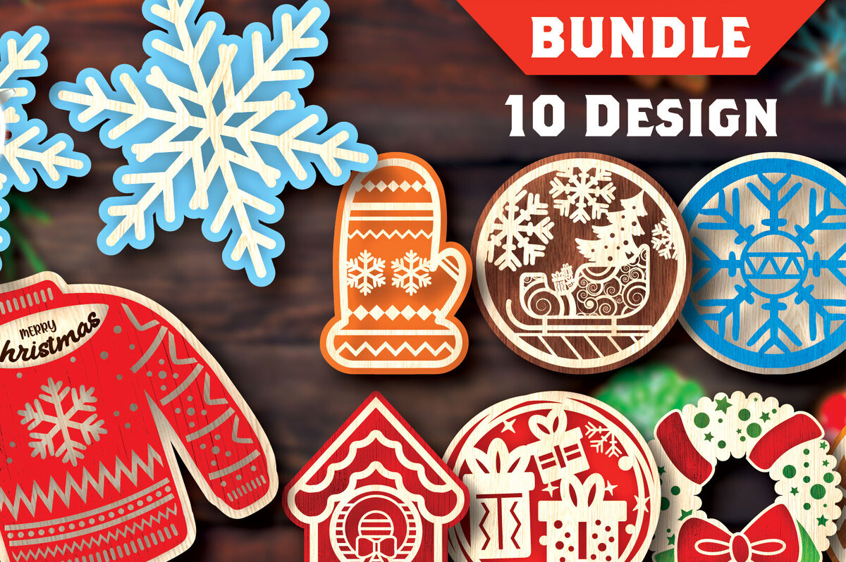 Σετ των 2 Intra απο ξύλο plywood 3mm-4mm πάχος Δέσμη κοπής με λέιζερ σουβέρ Χριστουγέννων Δίασταση 15x15 cm INTRAFABR-108042518