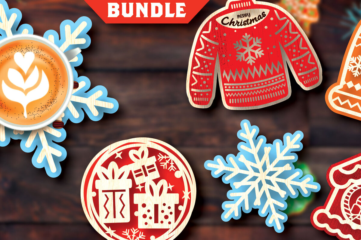 Σετ των 2 Intra απο ξύλο plywood 3mm-4mm πάχος Δέσμη κοπής με λέιζερ σουβέρ Χριστουγέννων Δίασταση 15x15 cm INTRAFABR-107978408