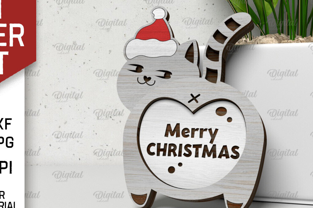 Intra απο ξύλο plywood 3mm-4mm πάχος Χριστουγεννιάτικο χαριτωμένο σχέδιο κοπής γάτας με λέιζερ Δίασταση 15x15 cm INTRAFABR-105054371