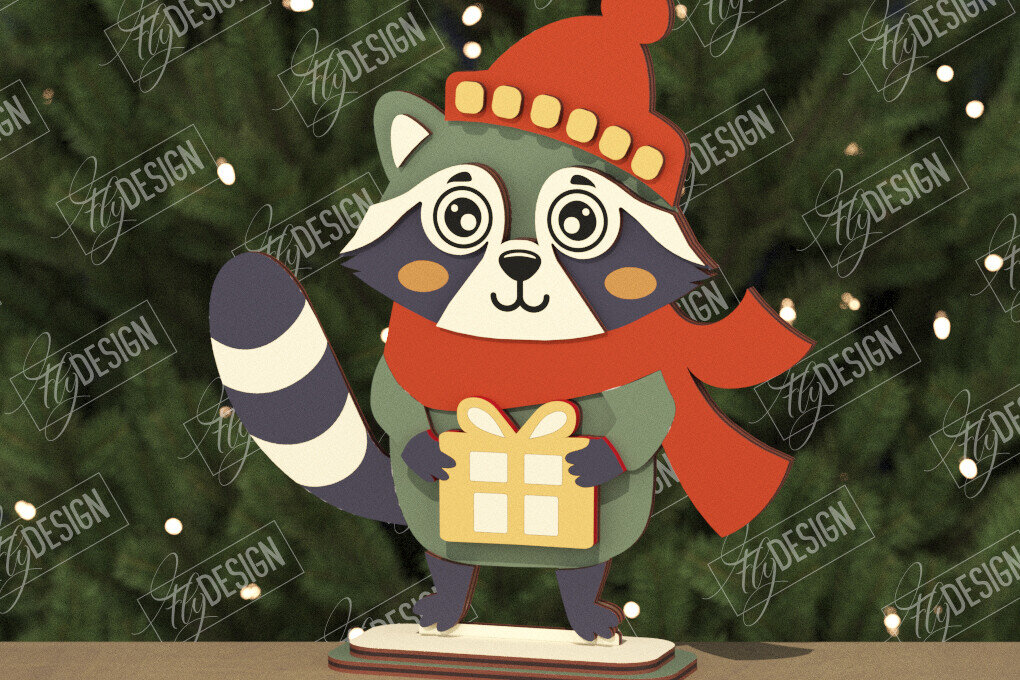 Σετ των 3 Intra απο ξύλο plywood 3mm-4mm πάχος Χριστουγεννιάτικα στολίδια | Ειδώλιο ρακούν Δίασταση 8x8 cm INTRAFABR-106662563