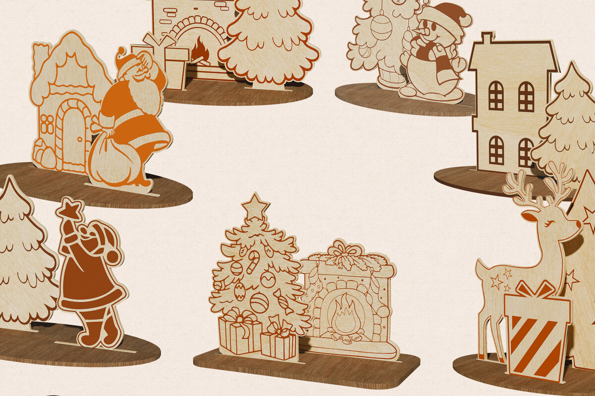 Σετ των 3 Intra απο ξύλο plywood 3mm-4mm πάχος Χριστουγεννιάτικες διακοσμητικές δέσμες με βάση Δίασταση 2x2 cm INTRAFABR-108343099