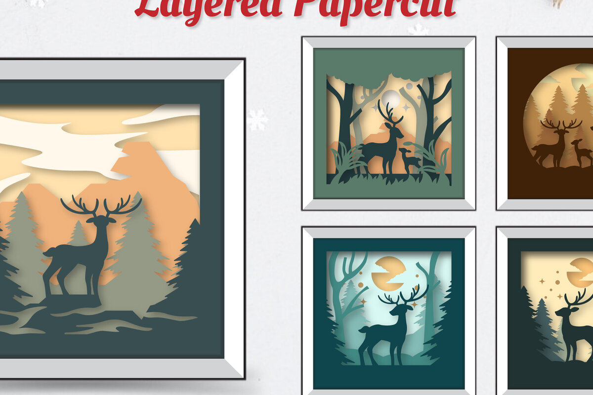 Σετ των 2 Intra απο ξύλο plywood 3mm-4mm πάχος Christmas Deer 3D Shadowbox Layered Δίασταση 15x15 cm INTRAFABR-111081855