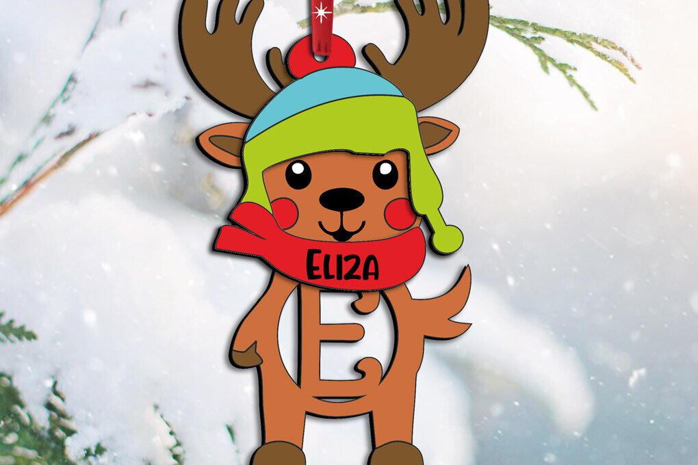 Σετ των 3 Intra απο ξύλο plywood 3mm-4mm πάχος Χριστουγεννιάτικο γράμμα ελαφιού Ε γιορτινό στολίδι Δίασταση 8x8 cm INTRAFABR-111231101